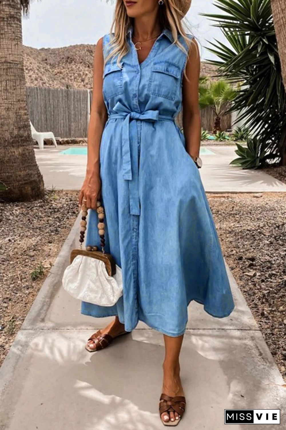 Sleeveless Button Pocket Waist Tie Denim Dress