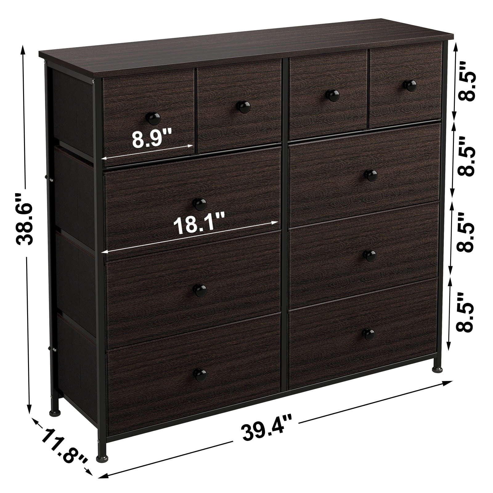 REAHOME Dressers for Bedroom with 10 Drawer Fabric Chest of Drawers Storage Drawer Unit Tower Luxury Leather Finish Rustic Brown