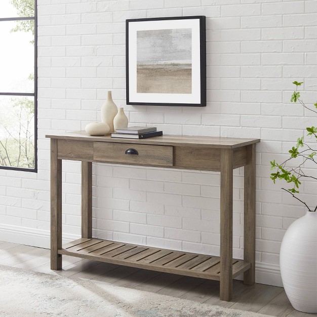 June Rustic Farmhouse Entry Table With Lower Shelf Gray Wash Saracina Home