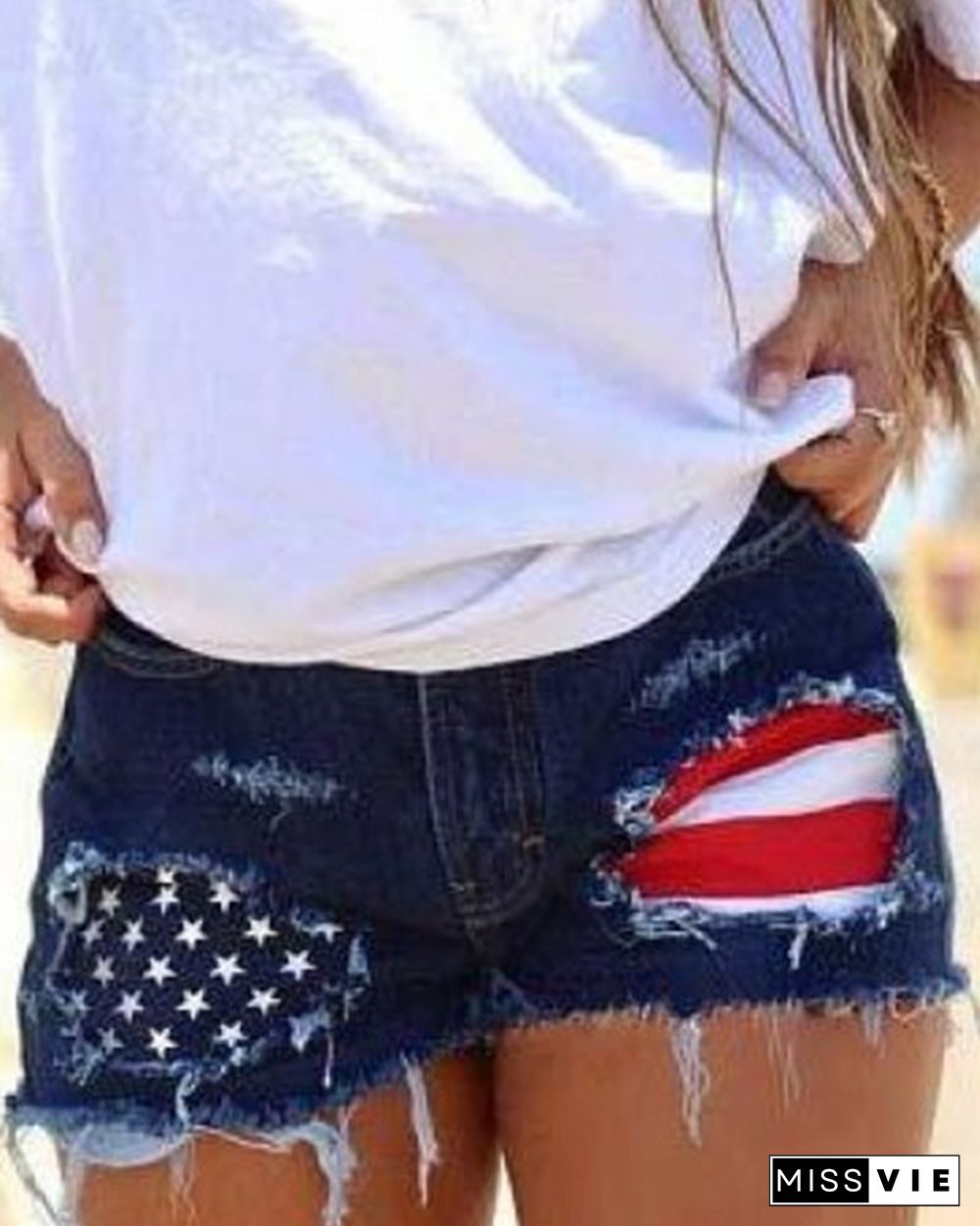 American Flag Ripped Denim Shorts