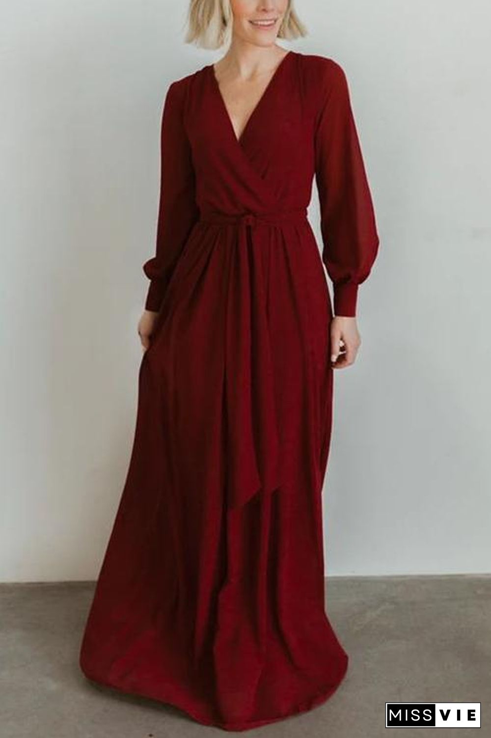 Button Puff Sleeve Belted Maxi Dress