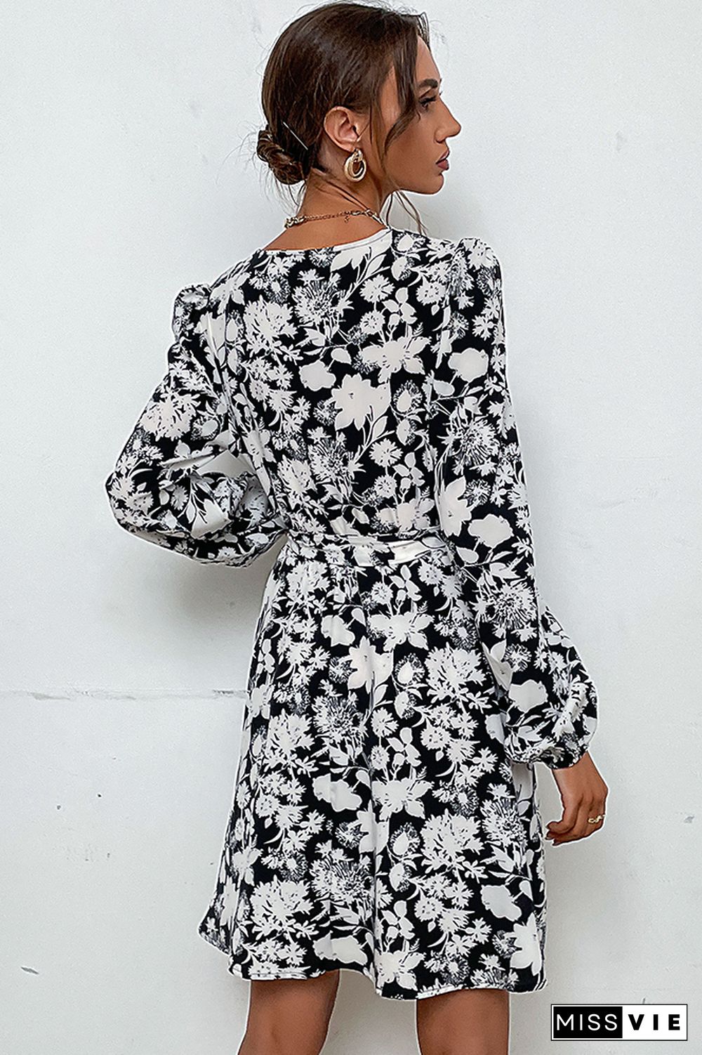 Black V Neck Waistband Floral Dress