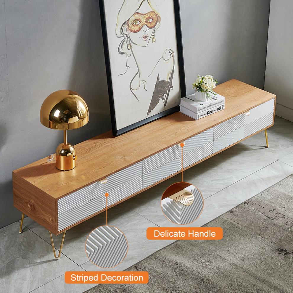 Modern Nordic Wooden TV Stand Fluted Design White  ampGold with 3 Drawer   Midcentury   Entertainment Centers And Tv Stands   by Homary International Limited  Houzz