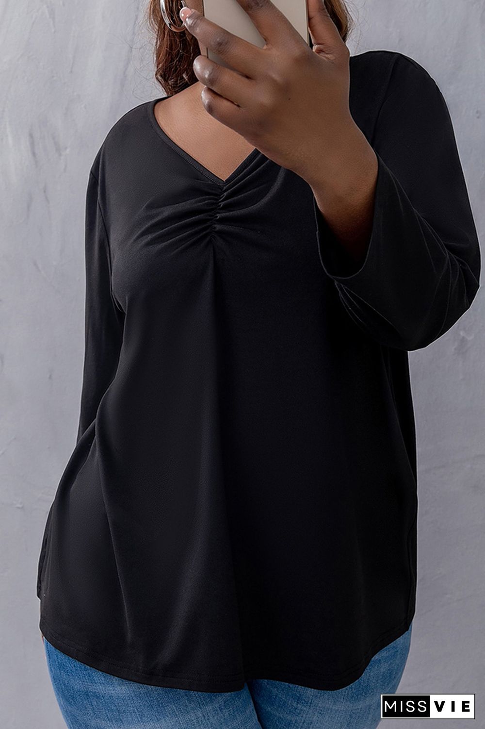 Black V Neck Ruched Bust Plus Size Top