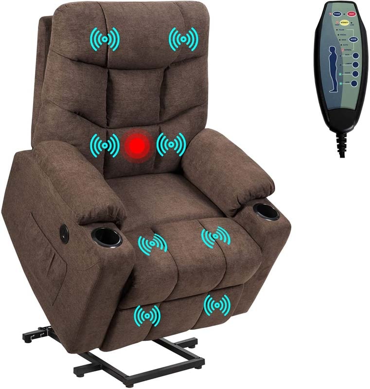 Heated Power Lift Recliner Fabric Massage Reclining Sofa, Elderly Lift Chair with 8 Point Massage, 2 Side Pockets Cup Holders, USB Port