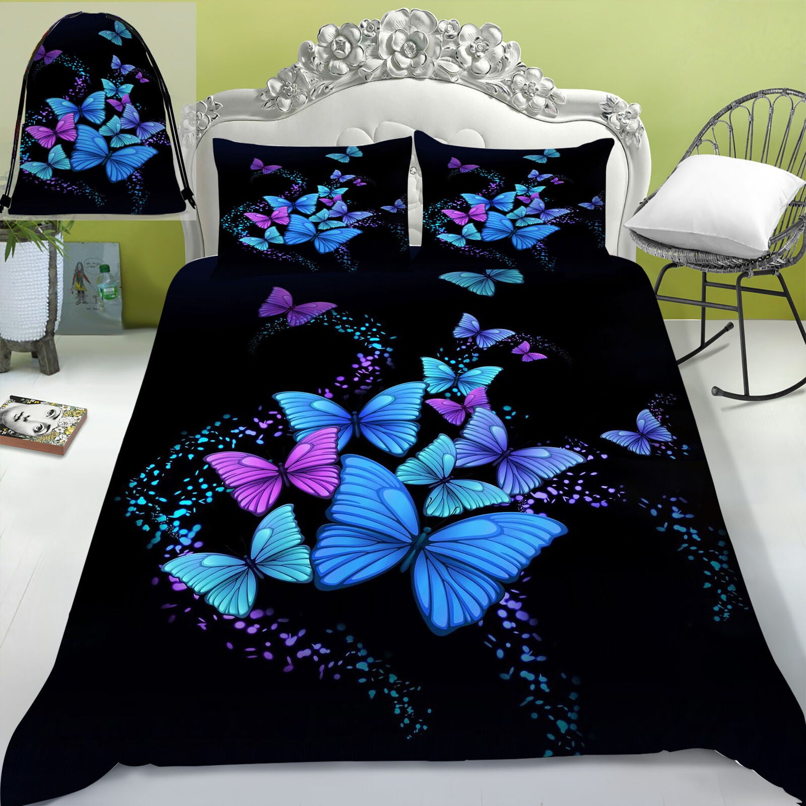 3D Blue Colorful Butterfly Print Bedding Set Duvet Cover Set with Bag Home Textiles Woman Girl Bed Cover，Twin (68