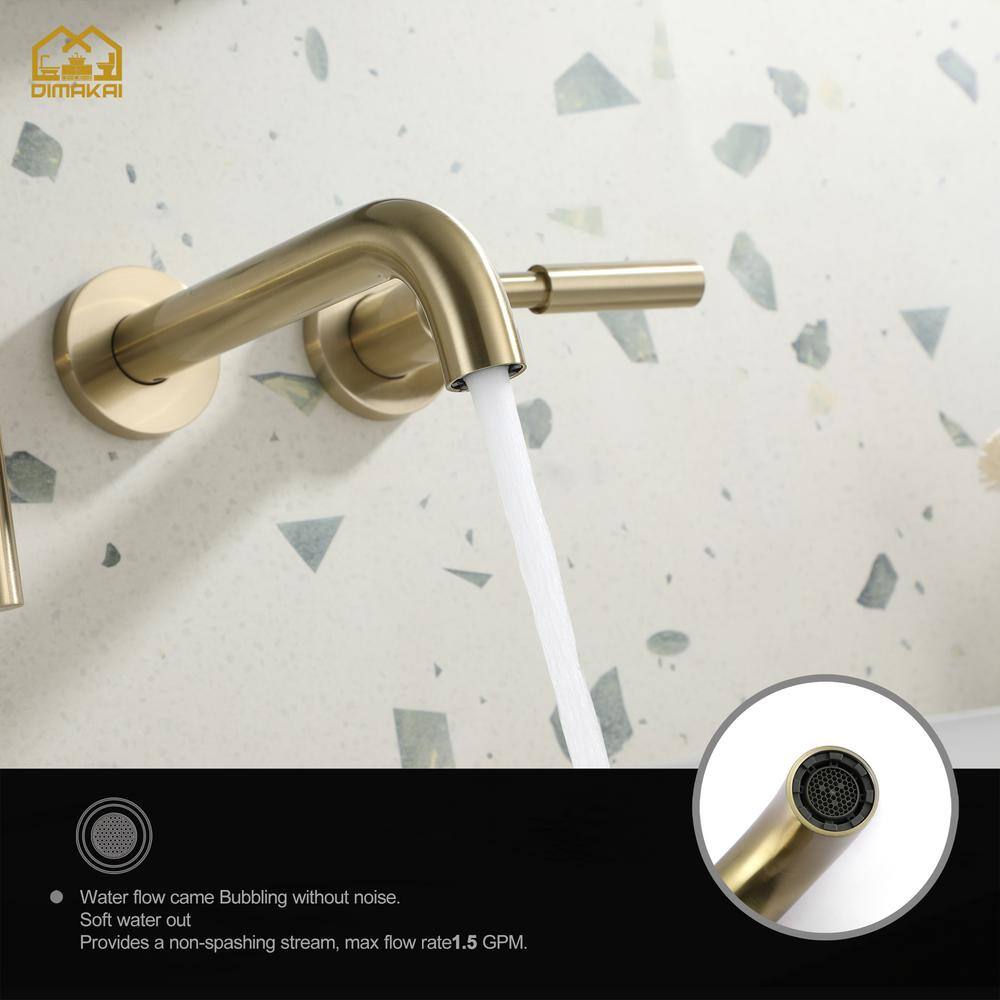 Hlihome 3-Hole Two-Handles Brass Wall-Mount Bathroom Faucet in Brushed Gold DK-9001-BG