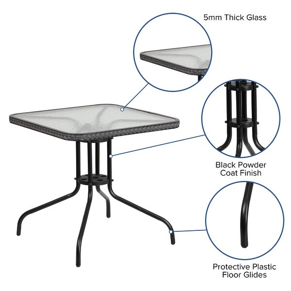 28'' Square Tempered Glass Metal Table with Rattan Edging