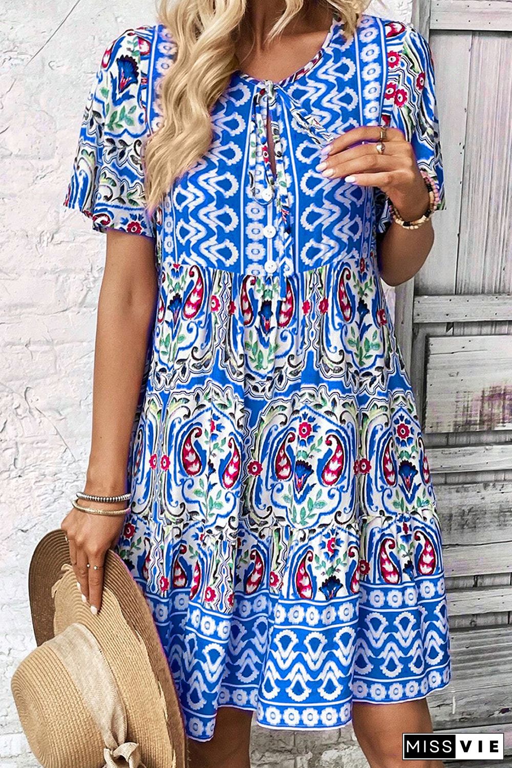 Bohemian Print Tie Neck Ruffle Hem Short Dress