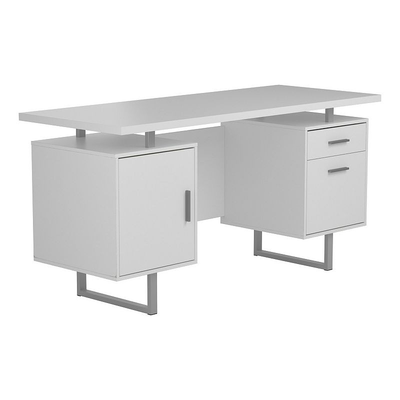 Wooden Office Desk with Floating Top and File Cabinet， White