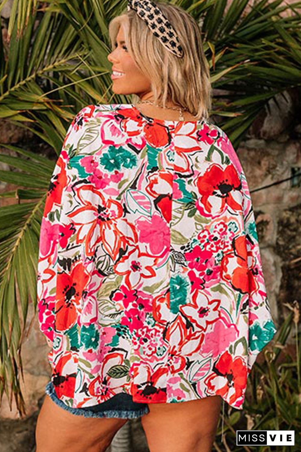 Rose Plus Size Floral Print Kimono Sleeve Shirt