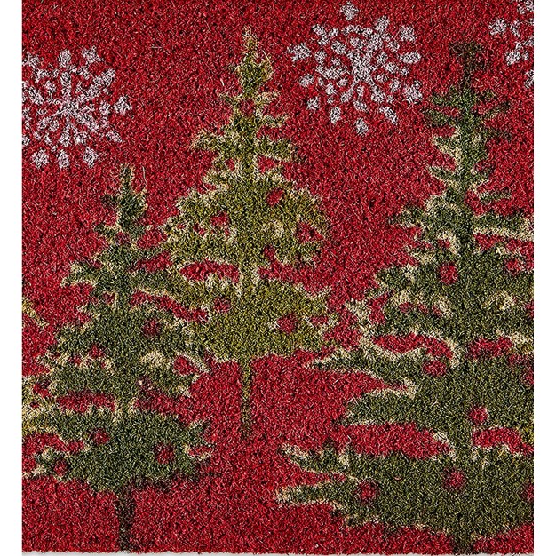 Tis The Season Green Trees And White Snowflakes Rectangle Indoor And Outdoor Estate Coir Door Welcome Mat Red