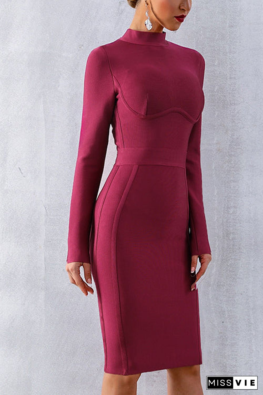 Solid High Neck Bandage Dress With Long Sleeves