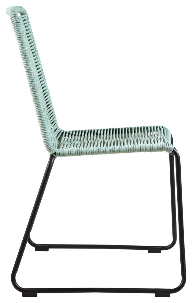 Benzara BM236922 Metal Frame Patio Dining Chair With Fishbone Rope Weaving  Blue   Beach Style   Outdoor Dining Chairs   by Virventures  Houzz