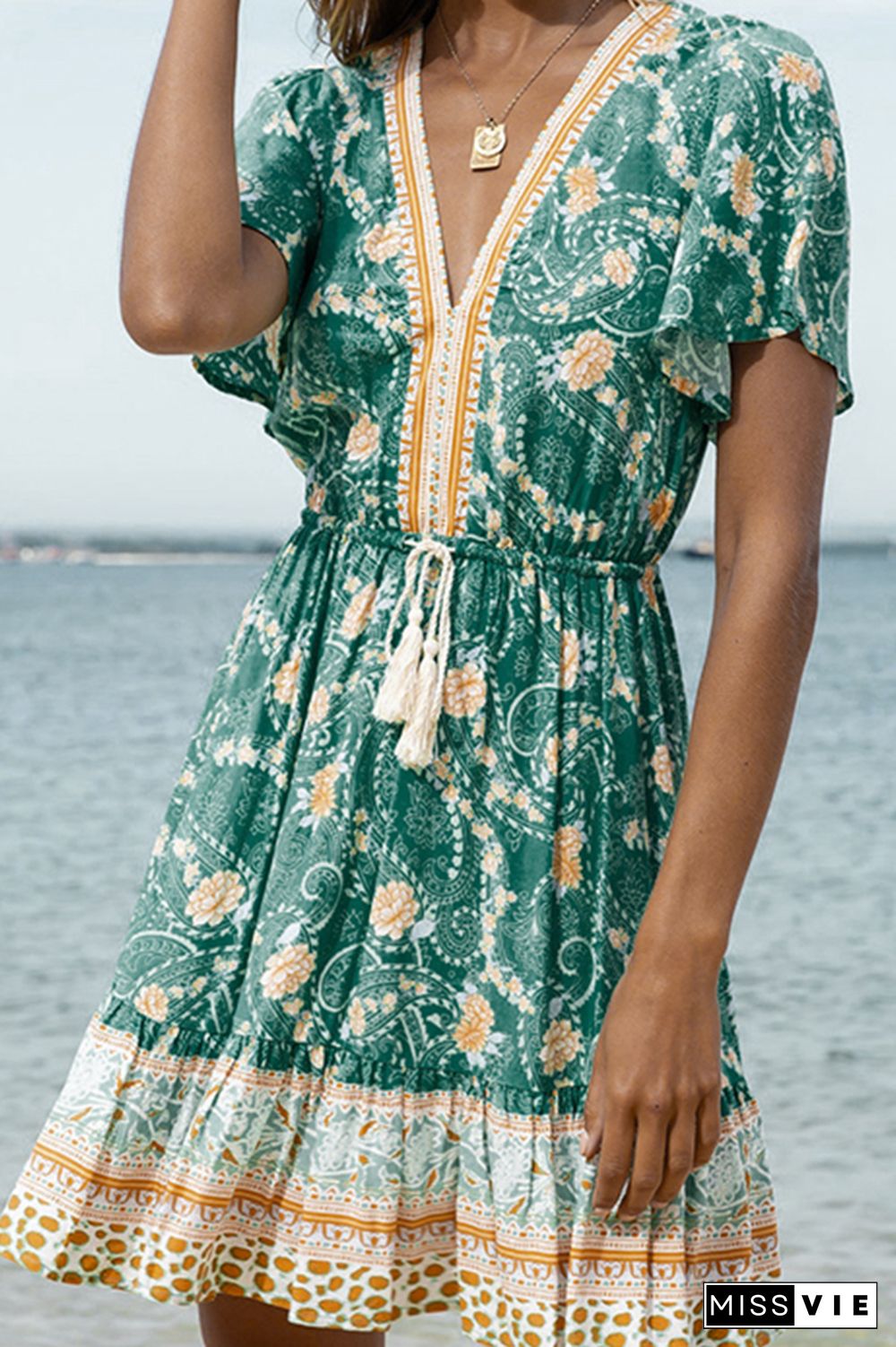 Boho Printed V Neck Short Sleeve Beach Dress Wholesale