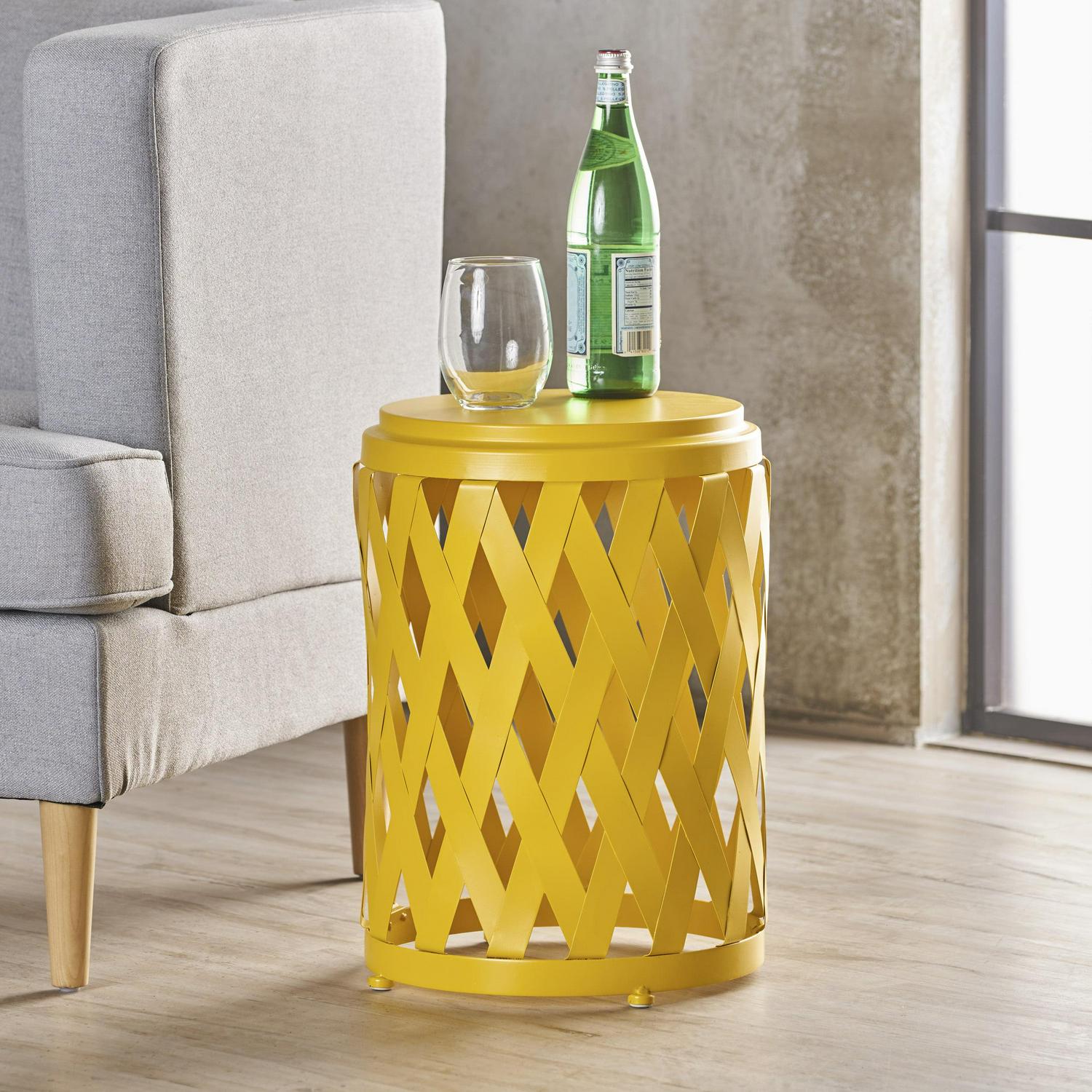 Noble House Pinto Indoor 12 Inch Diameter Lattice Matte Iron Side Table，Yellow