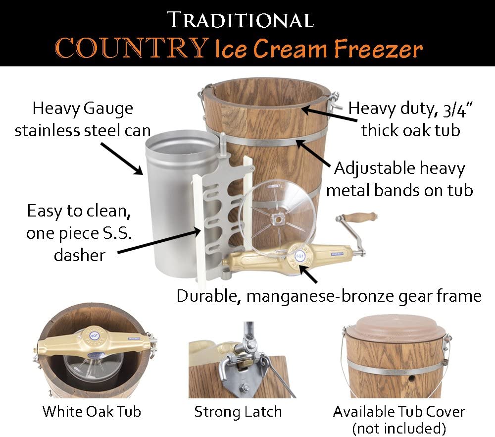 6 qt Country Ice Cream Maker – Classic Wooden Tub – Hand Crank