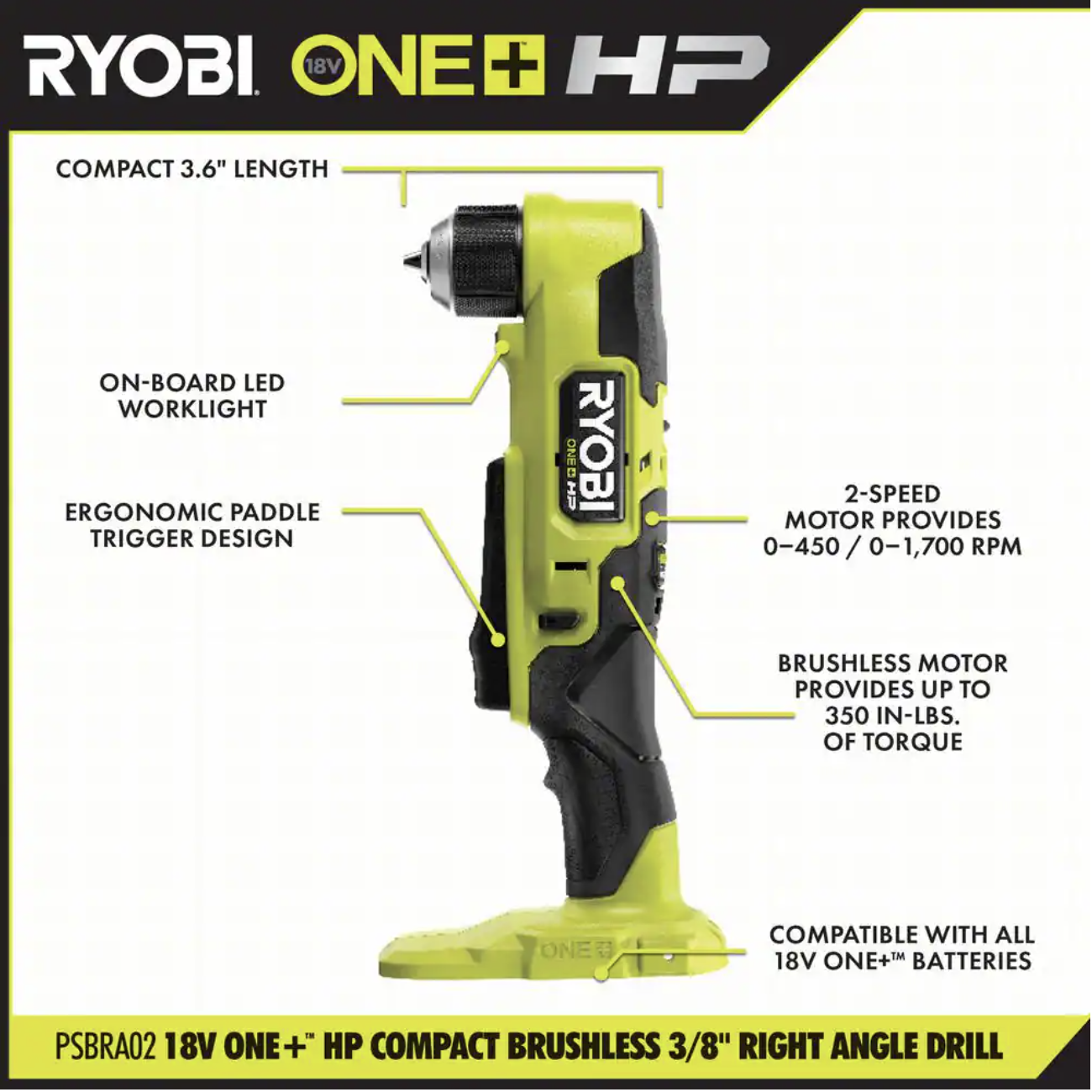 Ryobi One+ Hp 18V Brushless Cordless Compact 3/8 in. Right Angle Drill (Tool Only)