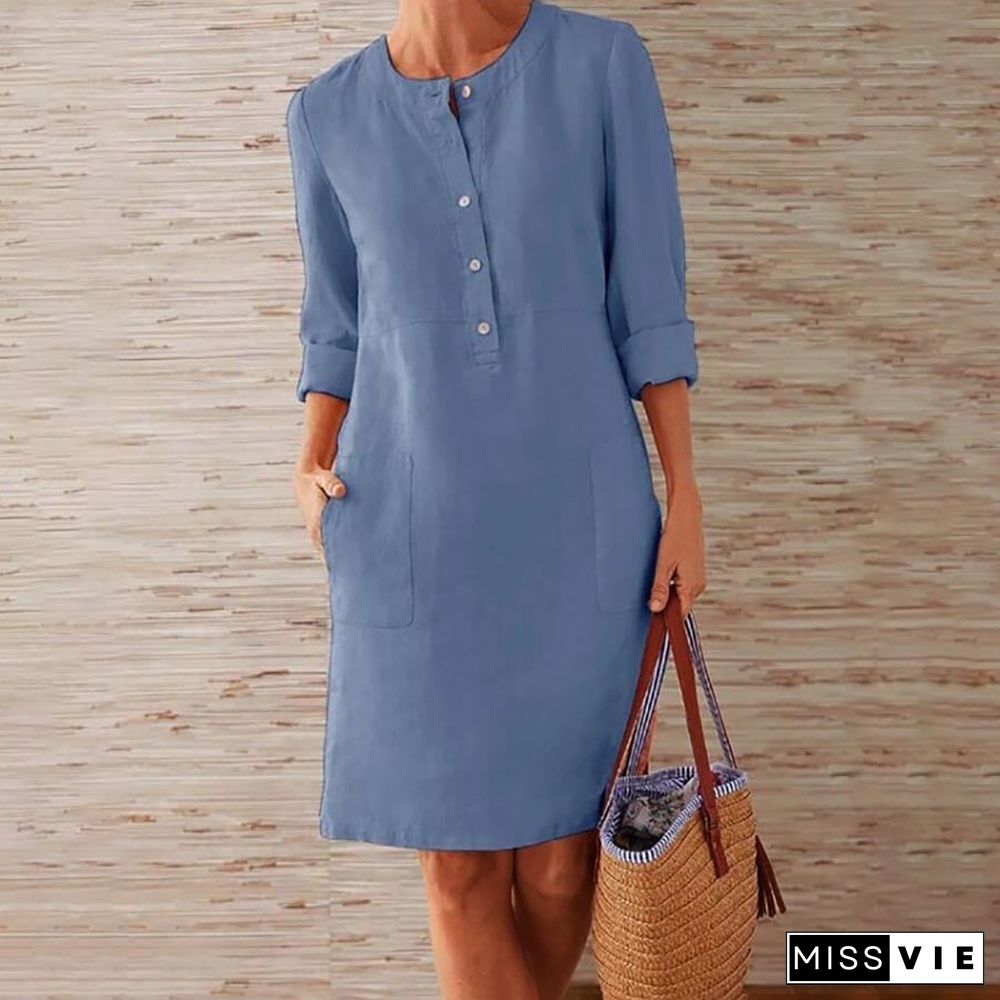 Pure Color Casual Cotton And Linen Round Neck Dress