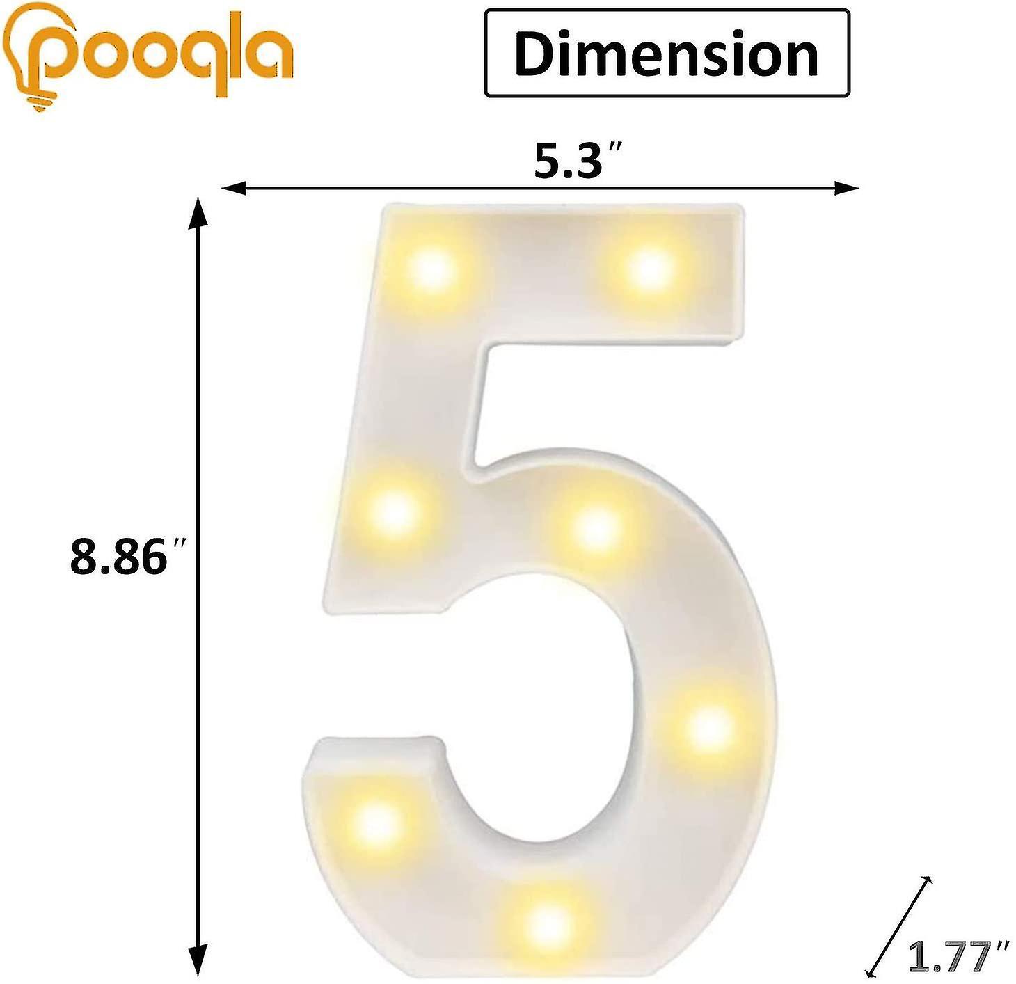 Decorative Led Light Up Number Letters， White Plastic Marquee Number Lights Sign Party Wedding Decor Battery Operated Number (5)