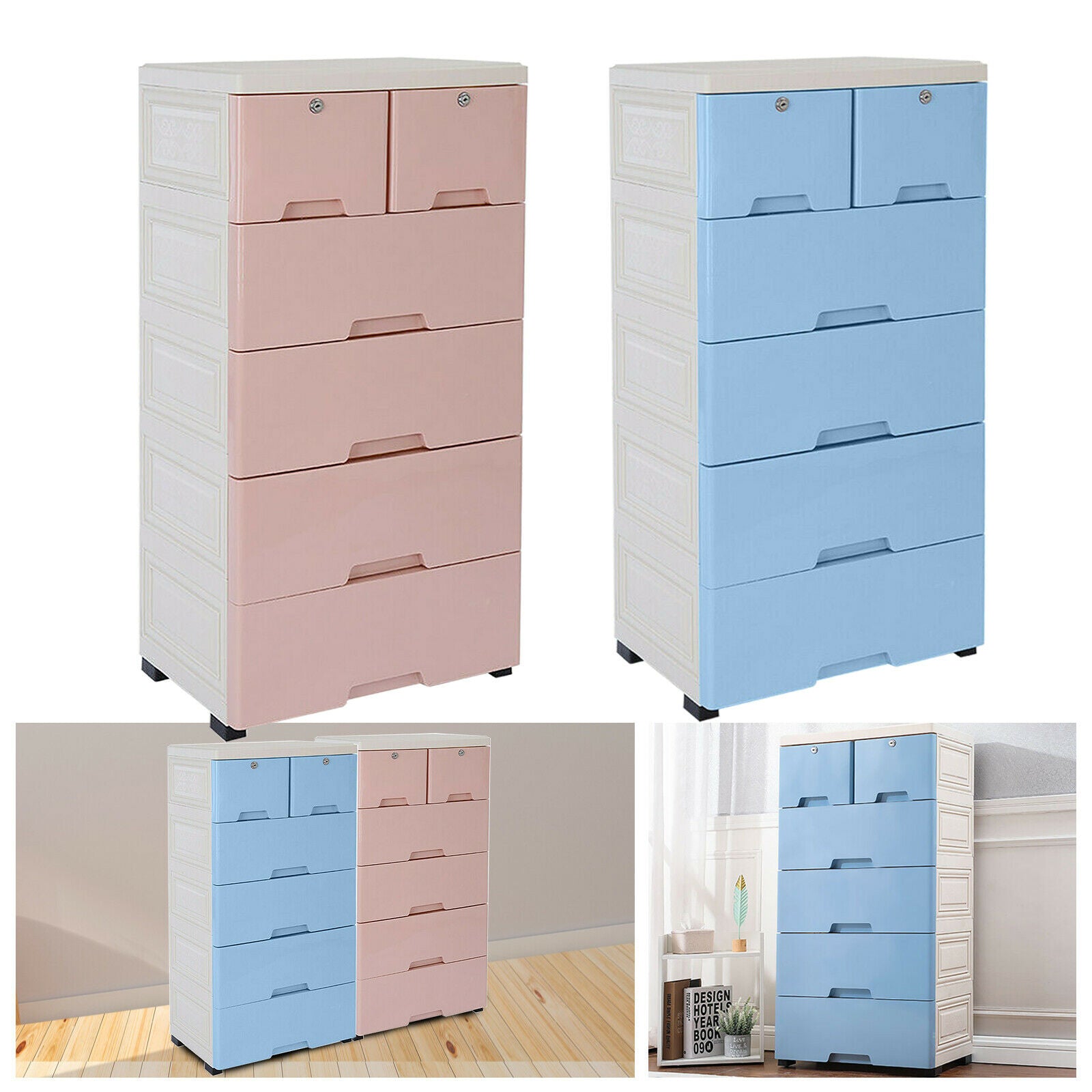 OUKANING 6 Drawer Dresser Finish Storage Cupboard Furniture Clothes Closet Cabinet with 4 Wheels