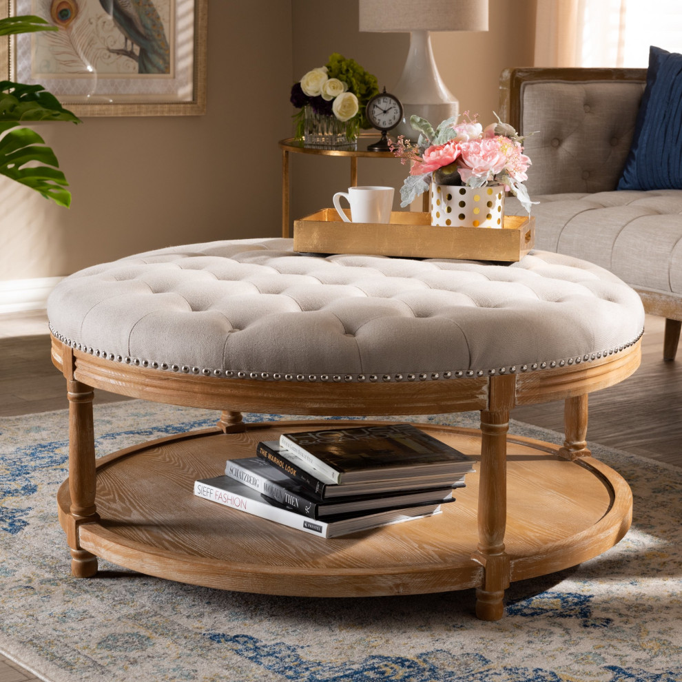 Transitional Ottoman  White Washed Oak Wood Base With Tufted Beige Linen Seat   French Country   Footstools And Ottomans   by Decor Love  Houzz