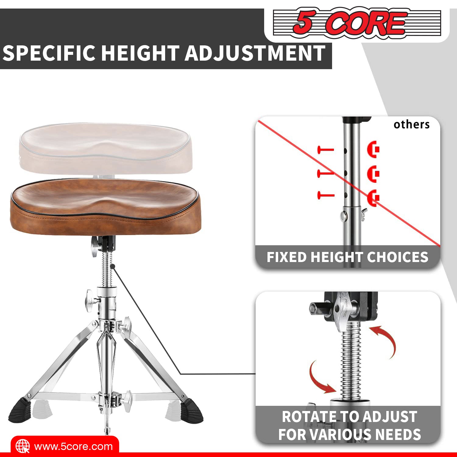 5 Core Drum Throne Saddle Brown| Heavy Duty Height Adjustable Padded Comfortable Drum Seat| Stools Chair  Style with Double Braced Anti-Slip Feet and Two Drumsticks for Adults Drummers- DS CH BR SDL HD