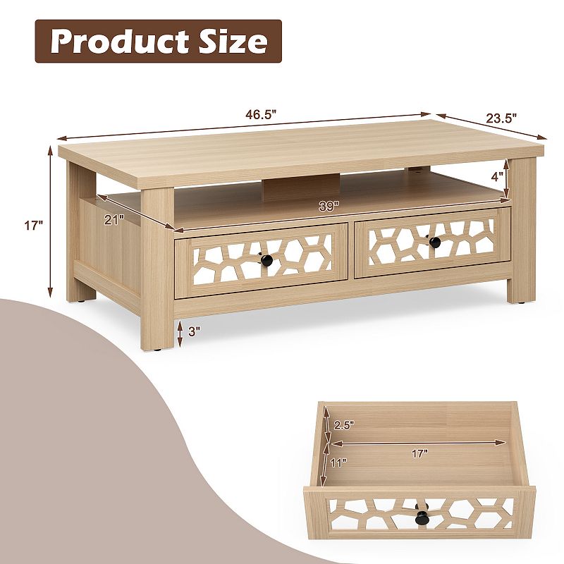 3-tier Coffee Table with 2 Drawers and 5 Support Legs