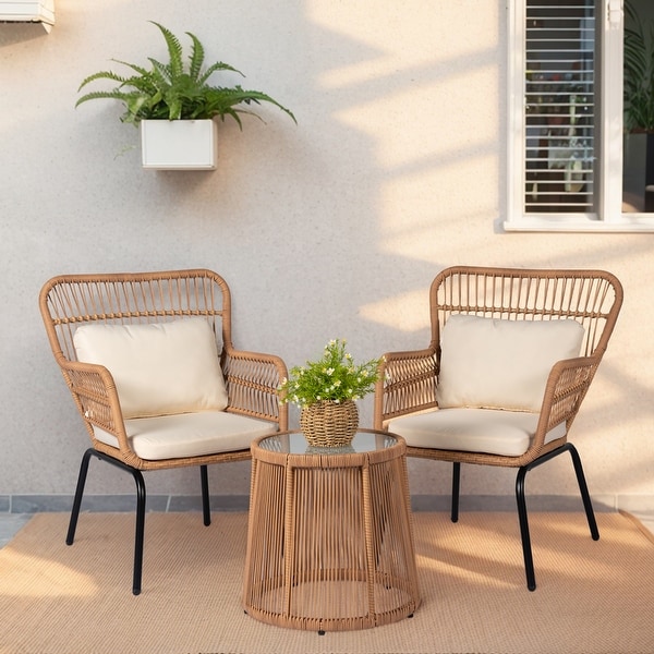 3 Piece Outdoor Wicker Conversation Bistro Set，AllWeather Rattan Furniture Patio Chairs Set with Cushions