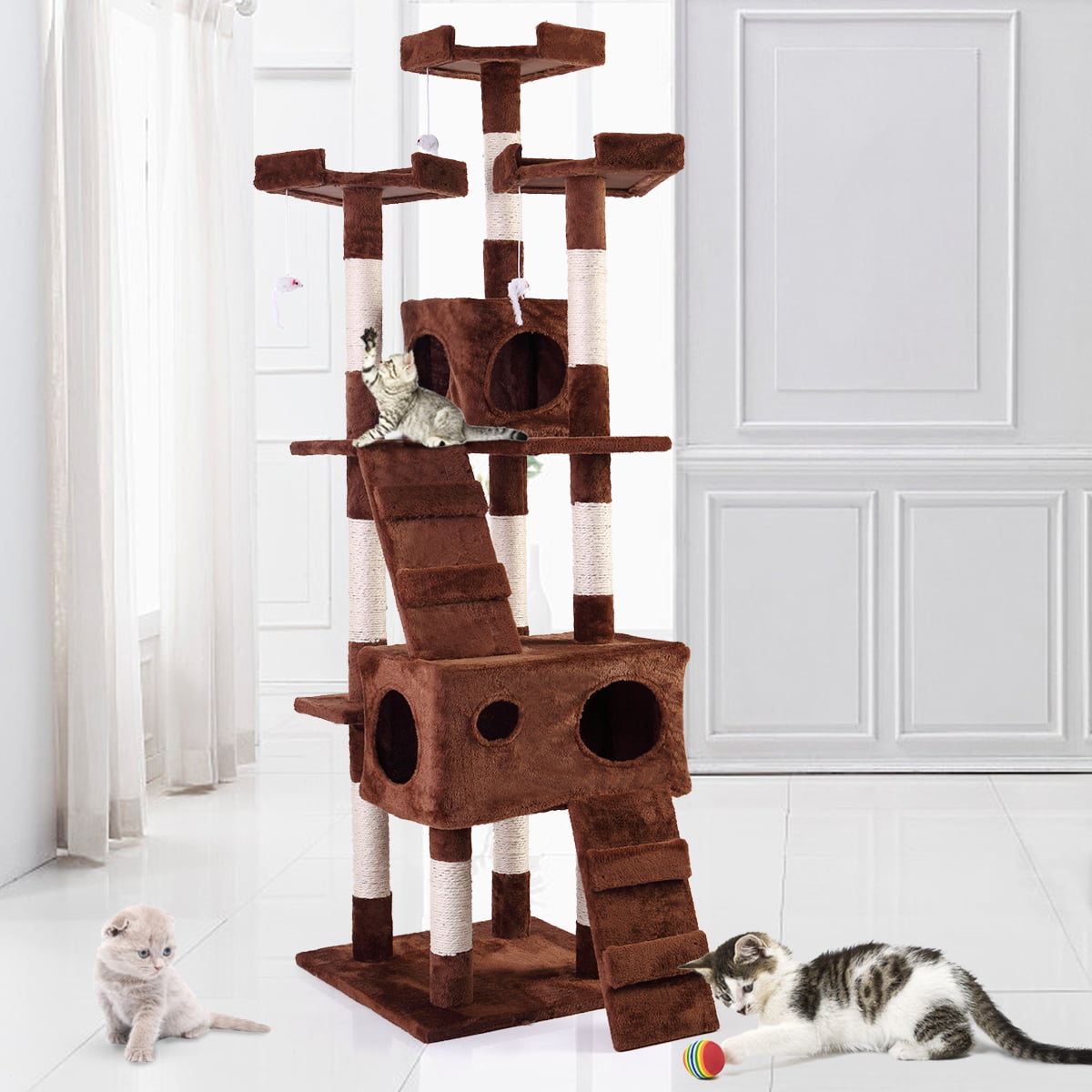 Jaxpety 67-in Cat Tree and Condo Scratching Post Tower， Brown