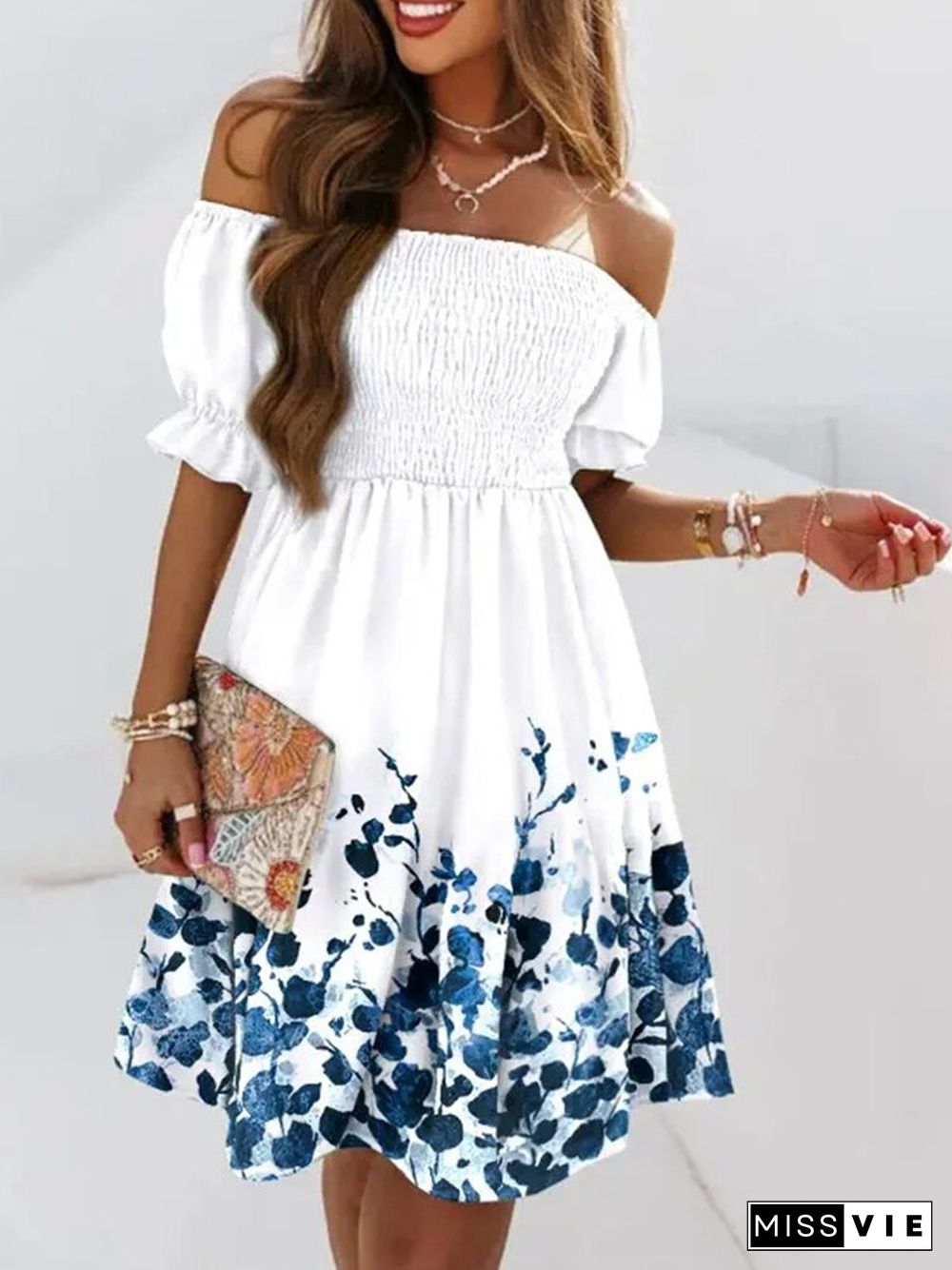 One Word Collar Short Sleeve Sexy Backless Dress Women Summer Fashion Floral Print Dress Elegant Wrap Breast Off Shoulder Dress