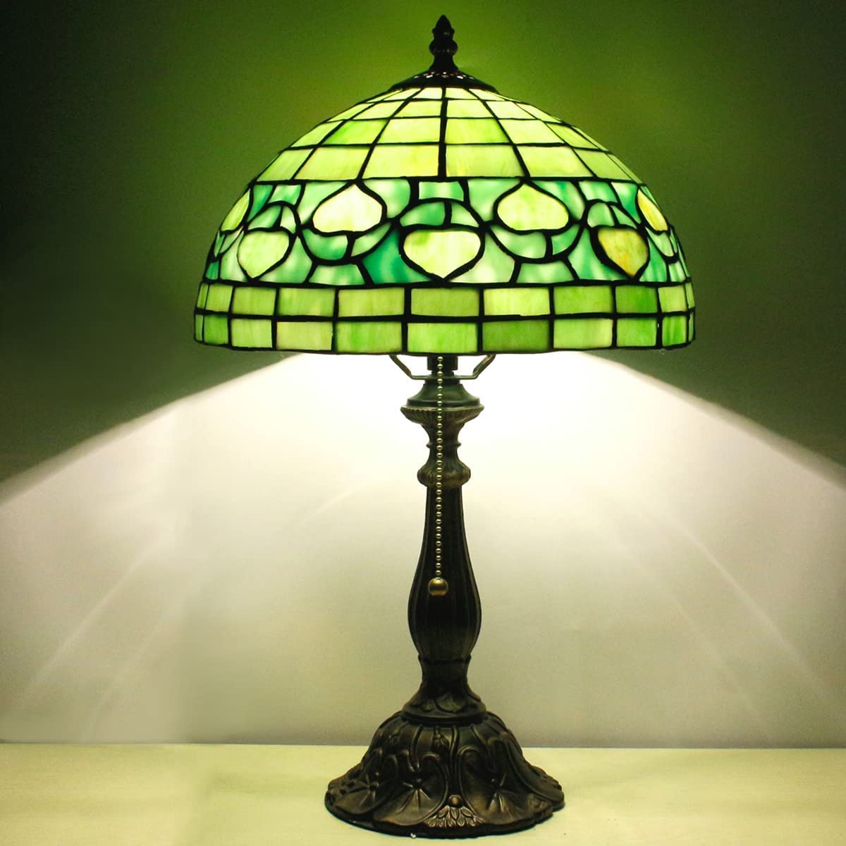 SHADY  Style Table Lamp W12H19 inch Green Stained Glass Antique Bedside Nightstand Desk Reading Lamp Work Study Desktop Light Decor Home Kids Bedroom Living Room Office Pull Chain