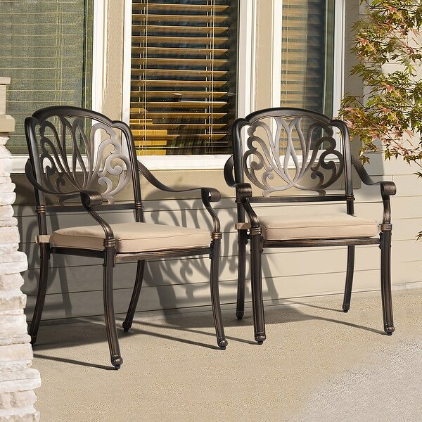 Set of 2 Cast Aluminum Patio Stackable Dining Chairs with Cushions