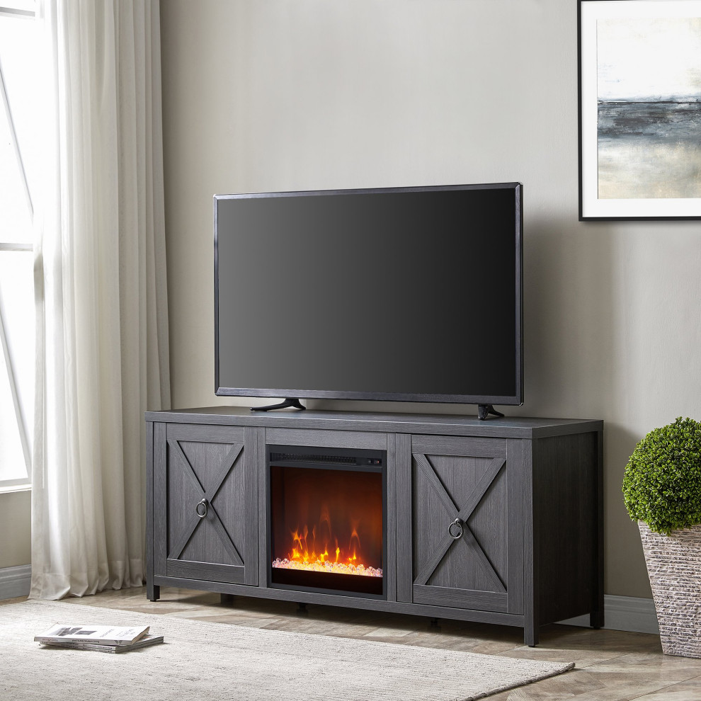 Modern TV Stand  Fireplace  X Trim Cabinet Doors With Ring Pulls  Charcoal Gray   Transitional   Entertainment Centers And Tv Stands   by Declusia  Houzz