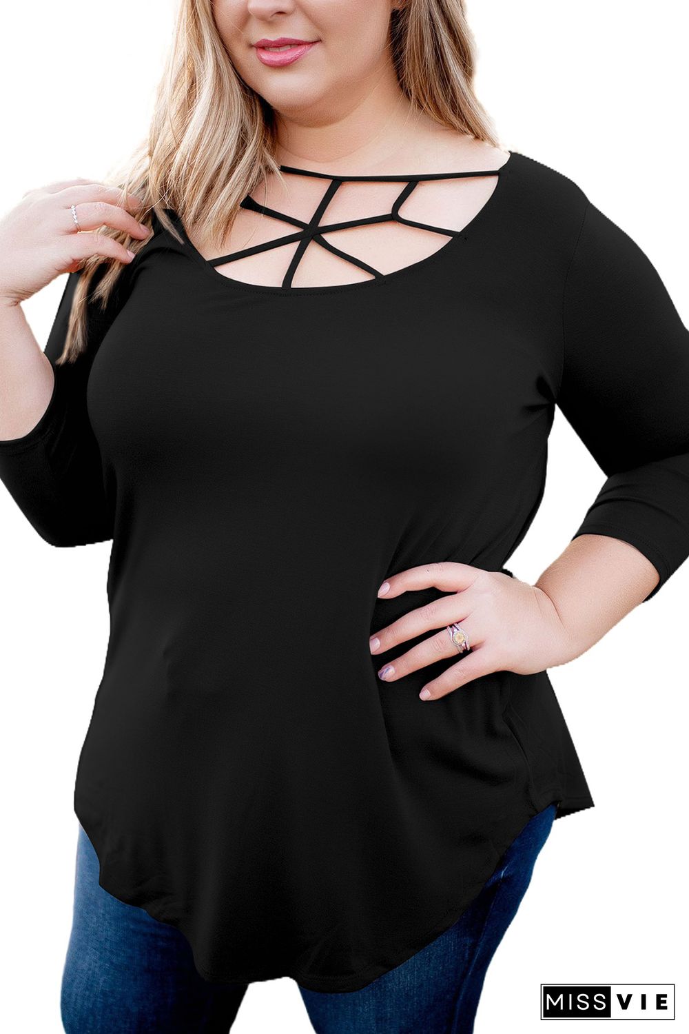 Black 3/4 Sleeve Cut out Neckline Plus Size Top