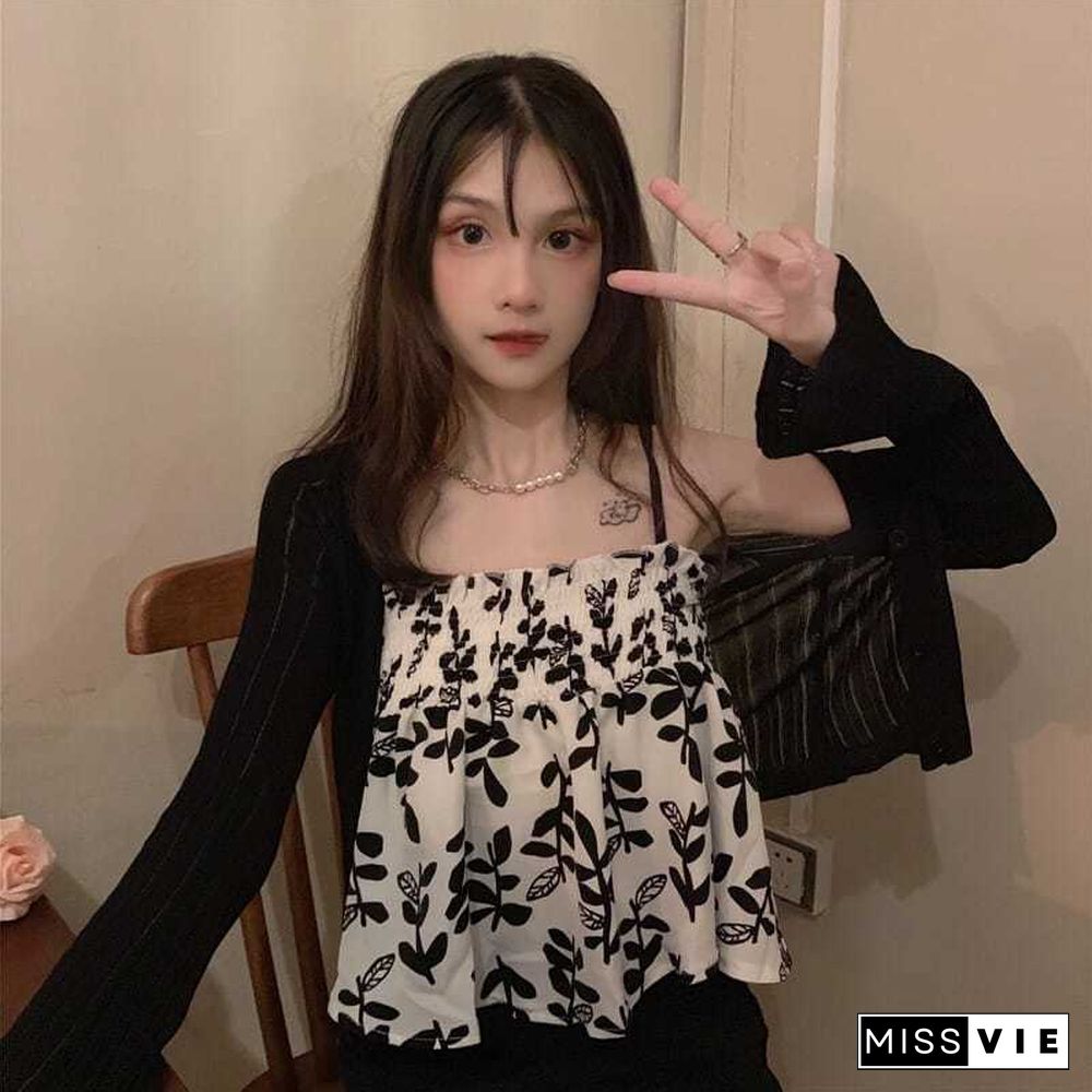 Camisole Womens Summer Sexy Lovely All Match Chic Ulzzang Lady Vintage Soft Print Trendy Elegant Daily Leisure Clothing Fit Tops