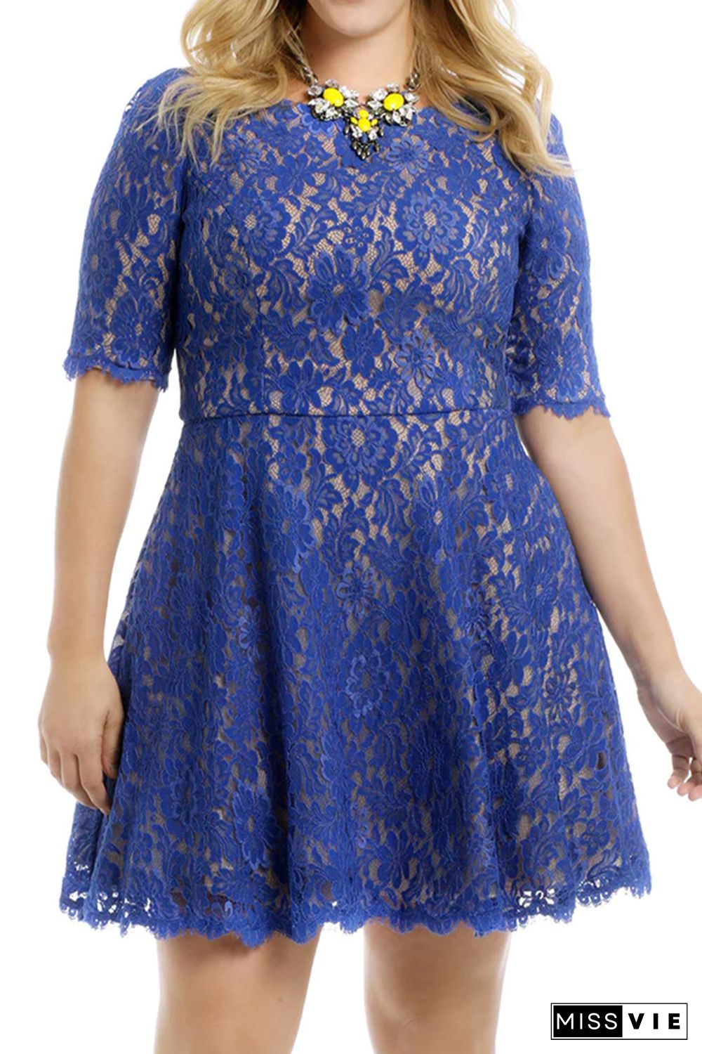 Blue Floral Lace Nude Illusion Plus Size Skater Dress