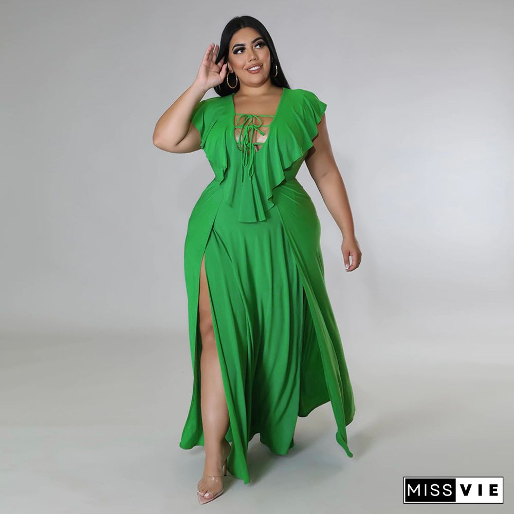 V Neck Sleeveless High Split Plus Size Dresses