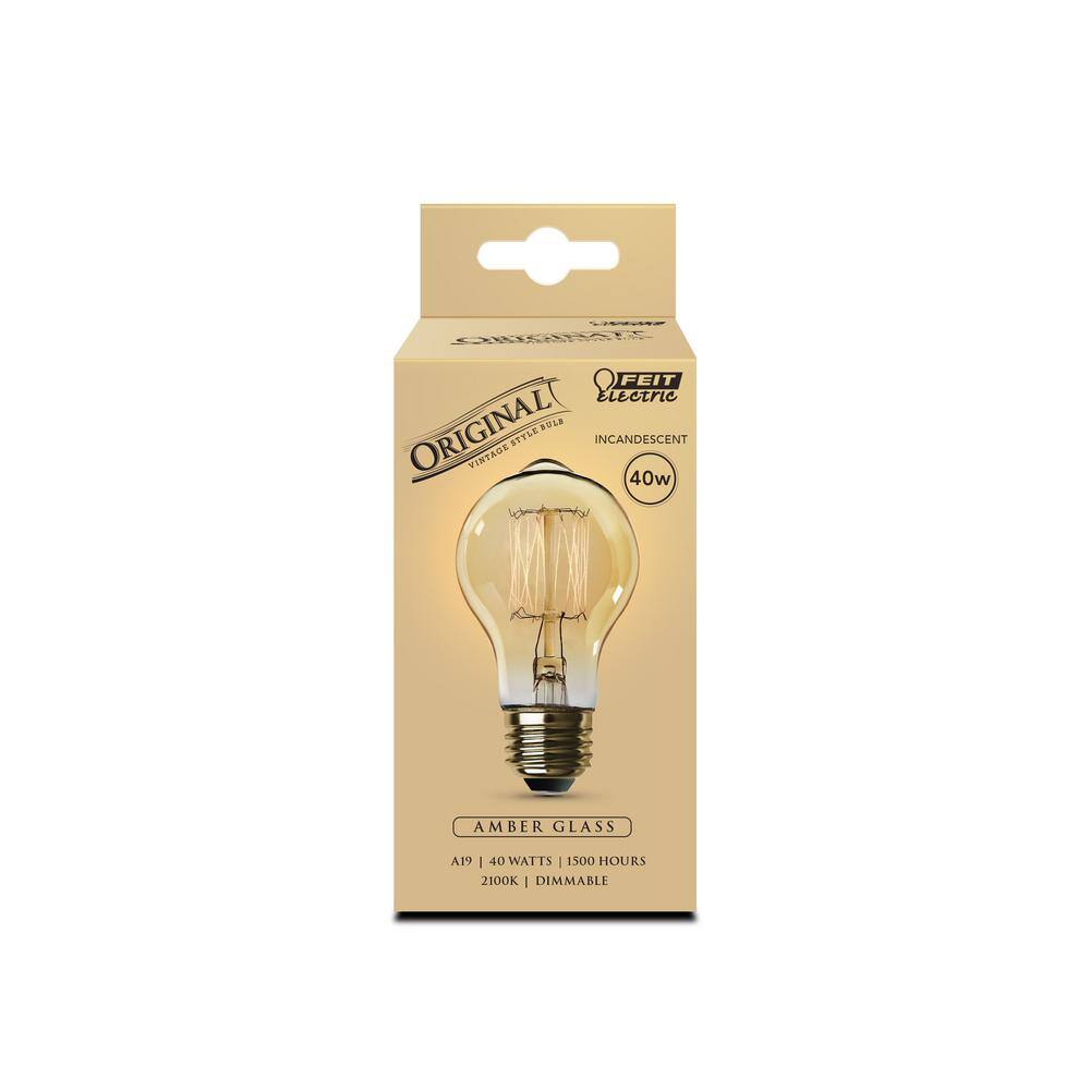 Feit Electric 40-Watt A19 Dimmable Incandescent Amber Glass Vintage Edison Light Bulb with Tungsten Filament Soft White (24-Pack) 40AT1924