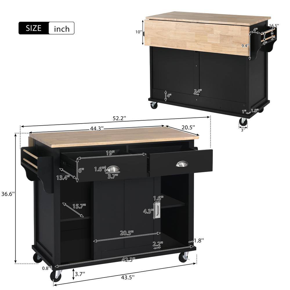 Black Rubber Wood Top 52.2 in. W Kitchen Island on 4-Wheels with Sliding Barn Door and 2-Drawers VJ033KIsland26