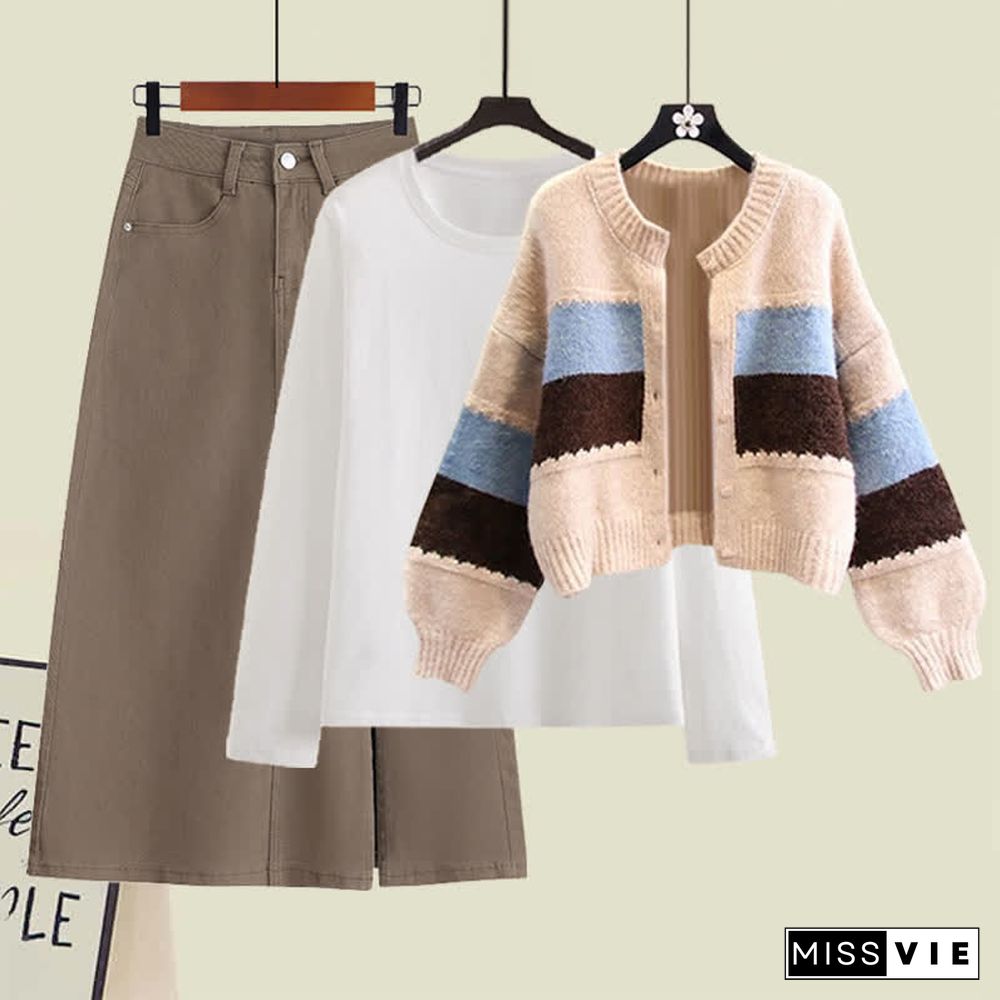 Colorblock Stripe Cardigan Sweater Long Sleeve Shirt Denim Split Skirt