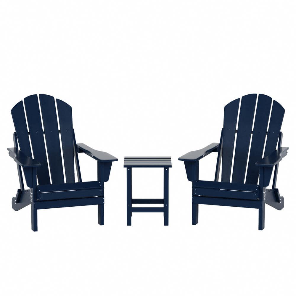 WESTIN OUTDOOR Luna Outdoor Poly Adirondack Chair Set with Side Table in Navy Blue