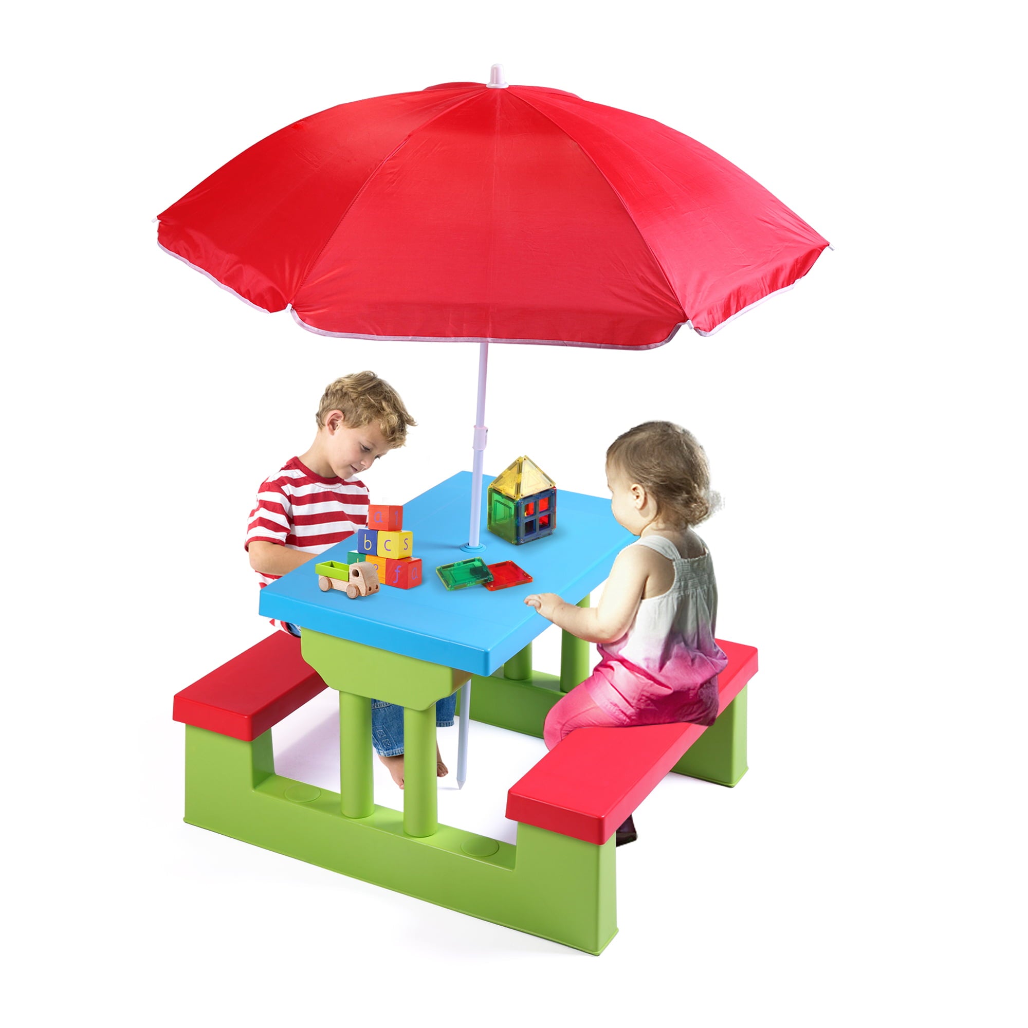 Tobbi 4 Seat Kids Picnic Table Bench Set Colorful Portable Garden Yard Bench W/ Removable Umbrella