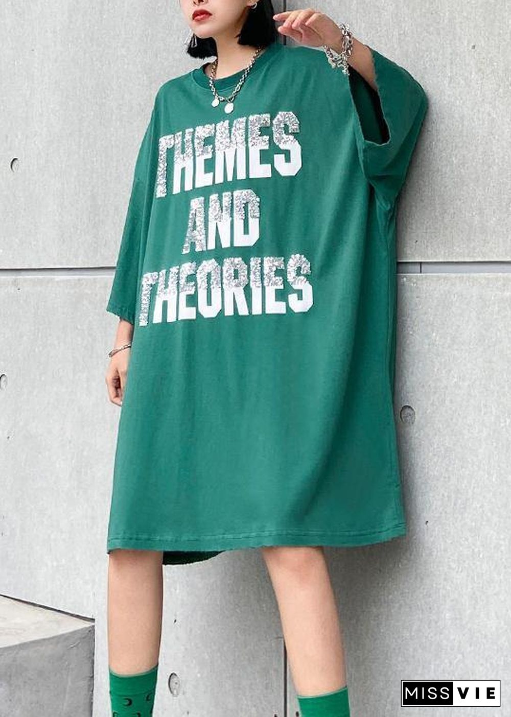 Classy green Cotton tunic dresso neck Letter Midi summer Dress