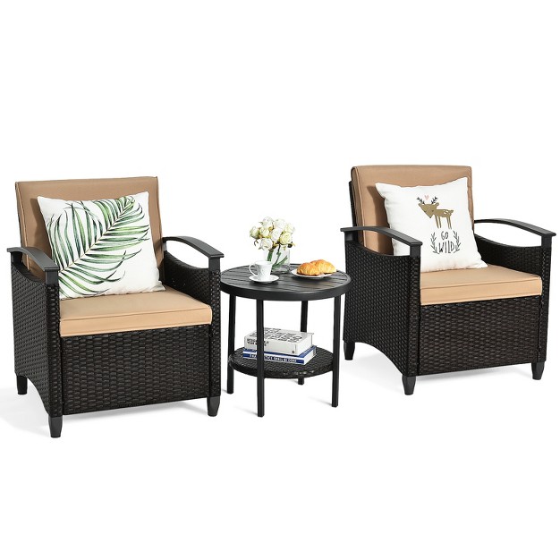 Tangkula 3 piece Rattan Sofa Chair Patio Conversation Set With Coffee Table amp Cushions