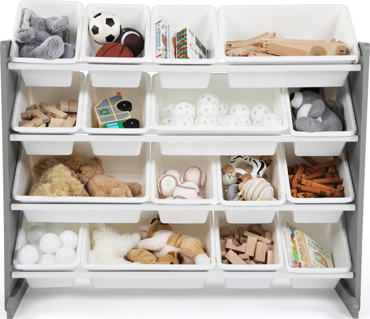 Humble Crew Children Wood and Plastic Organizer Rack with 16 Bins， Gray and White