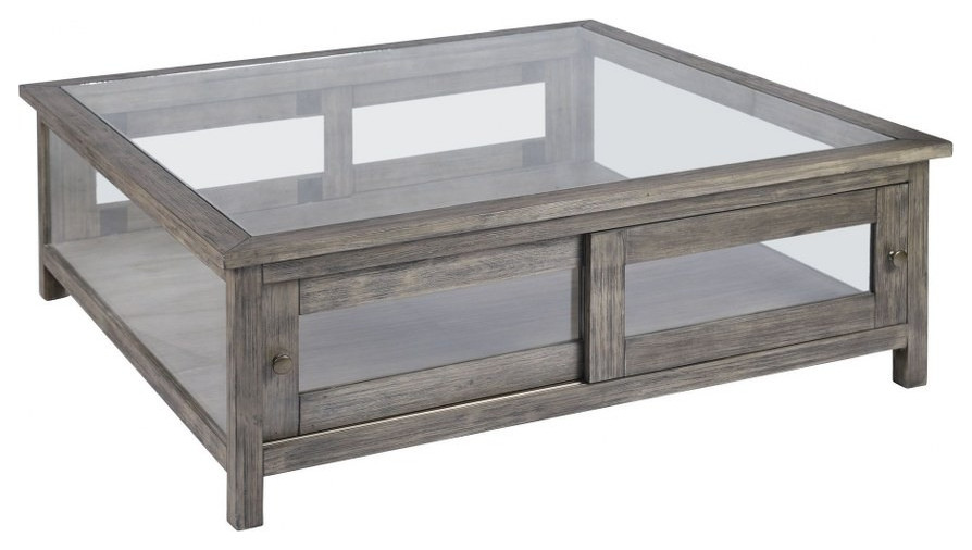 2 Door Storage Handcrafted Wood and Glass Coffee Table in Grey Washed Wood Wood   Farmhouse   Coffee Tables   by Bailey Street Home  Houzz