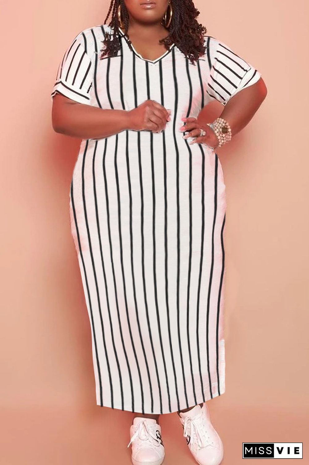 Fashion Plus Size Women Short Sleeve V Neck Striped Long Casual Loose Streetwear Pocket Maxi Dress