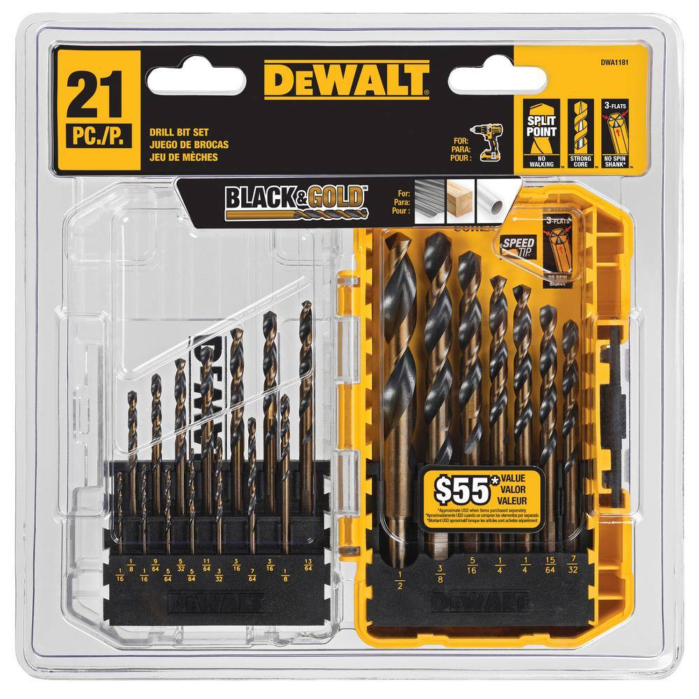 DW ATOMIC 20V MAX Cordless Brushless Compact 12 in. DrillDriver Kit and Black and Gold Drill Bit Set (21 Piece) DCD708C2W1181