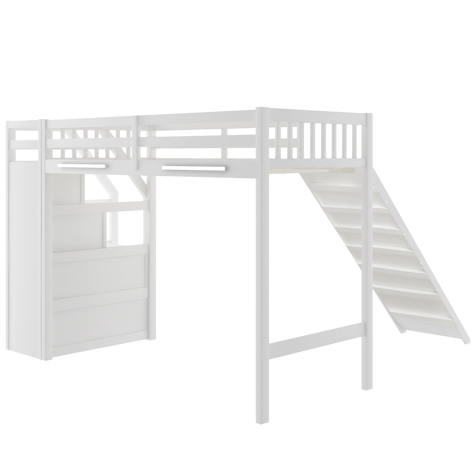 Euroco Wood Twin Size Loft Bed with Slide and Drawers for Child, White